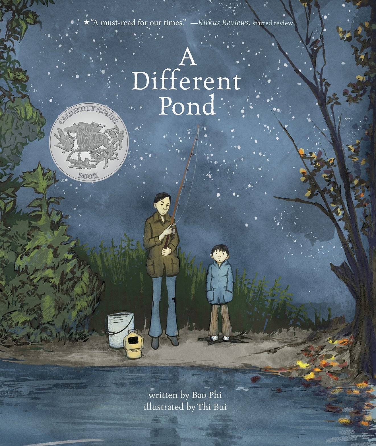 Illustrated book cover with an adult and a child standing at the edge of some water fishing.